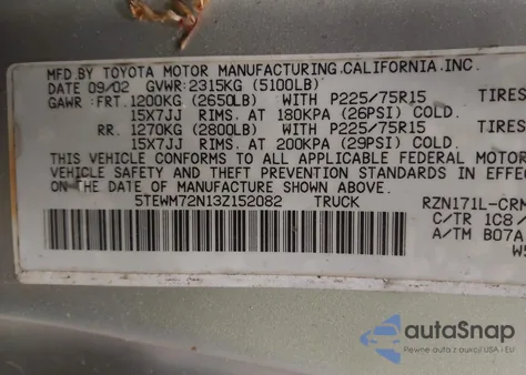 2003 Toyota Tacoma from USA, damaged, VIN 5TEWM72N13Z152082